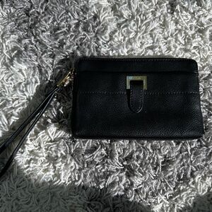 Lauren by Ralph Lauren Black Pebbled Leather Wristlet with Gold Accents